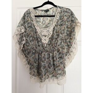 Rue21 Floral Crochet Lace Poncho Blouse M Blues & Pink Boho Babydoll Women's
